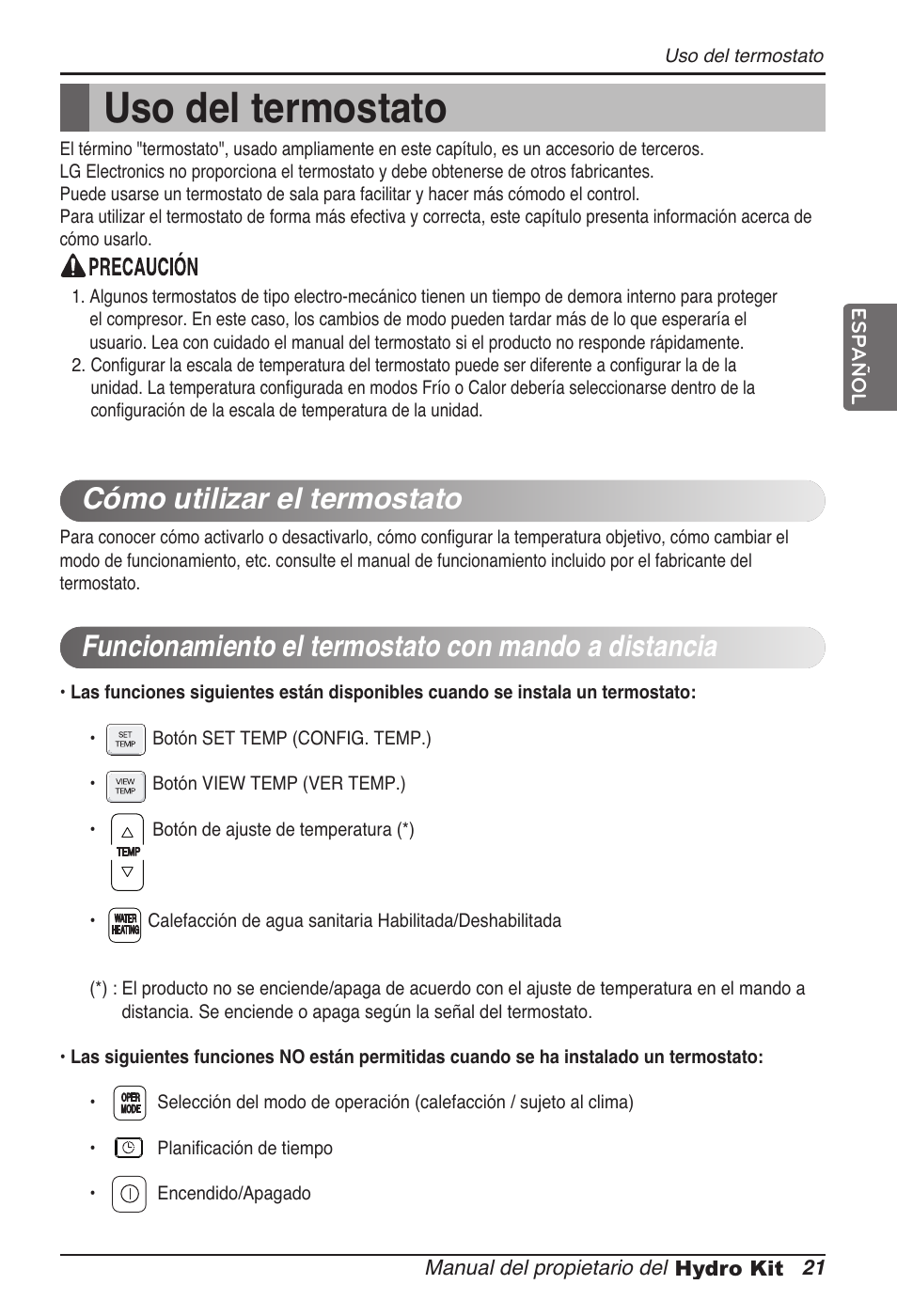 Uso del termostato | LG ARNH08GK3A2 User Manual | Page 73 / 495