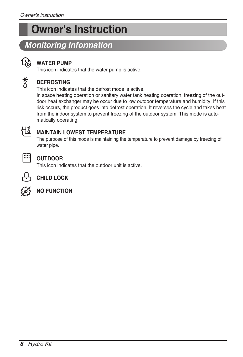 Owner's instruction, Monitoring information | LG ARNH08GK3A2 User Manual | Page 8 / 495