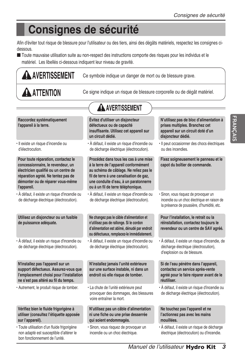 Consignes de sécurité, Manuel de l’utilisateur 3 hydro kit, Français | LG ARNH08GK3A2 User Manual | Page 81 / 495