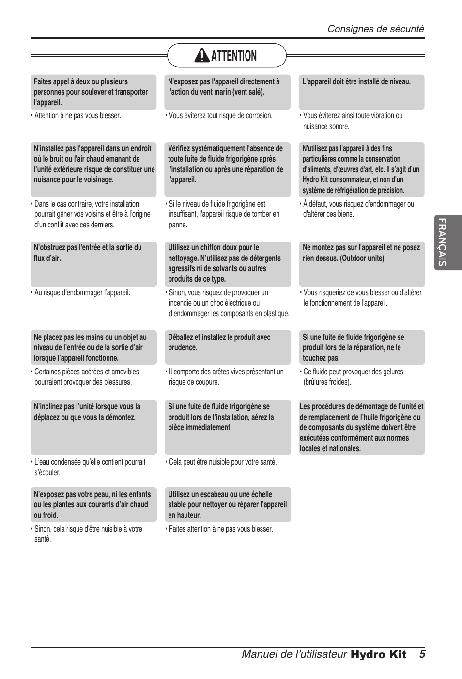 Manuel de l’utilisateur 5 hydro kit, Français | LG ARNH08GK3A2 User Manual | Page 83 / 495