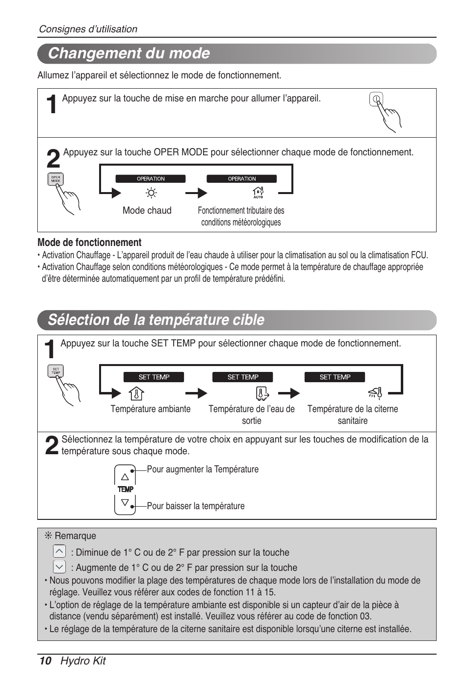 Sélection de la température cible, Changement du mode | LG ARNH08GK3A2 User Manual | Page 88 / 495