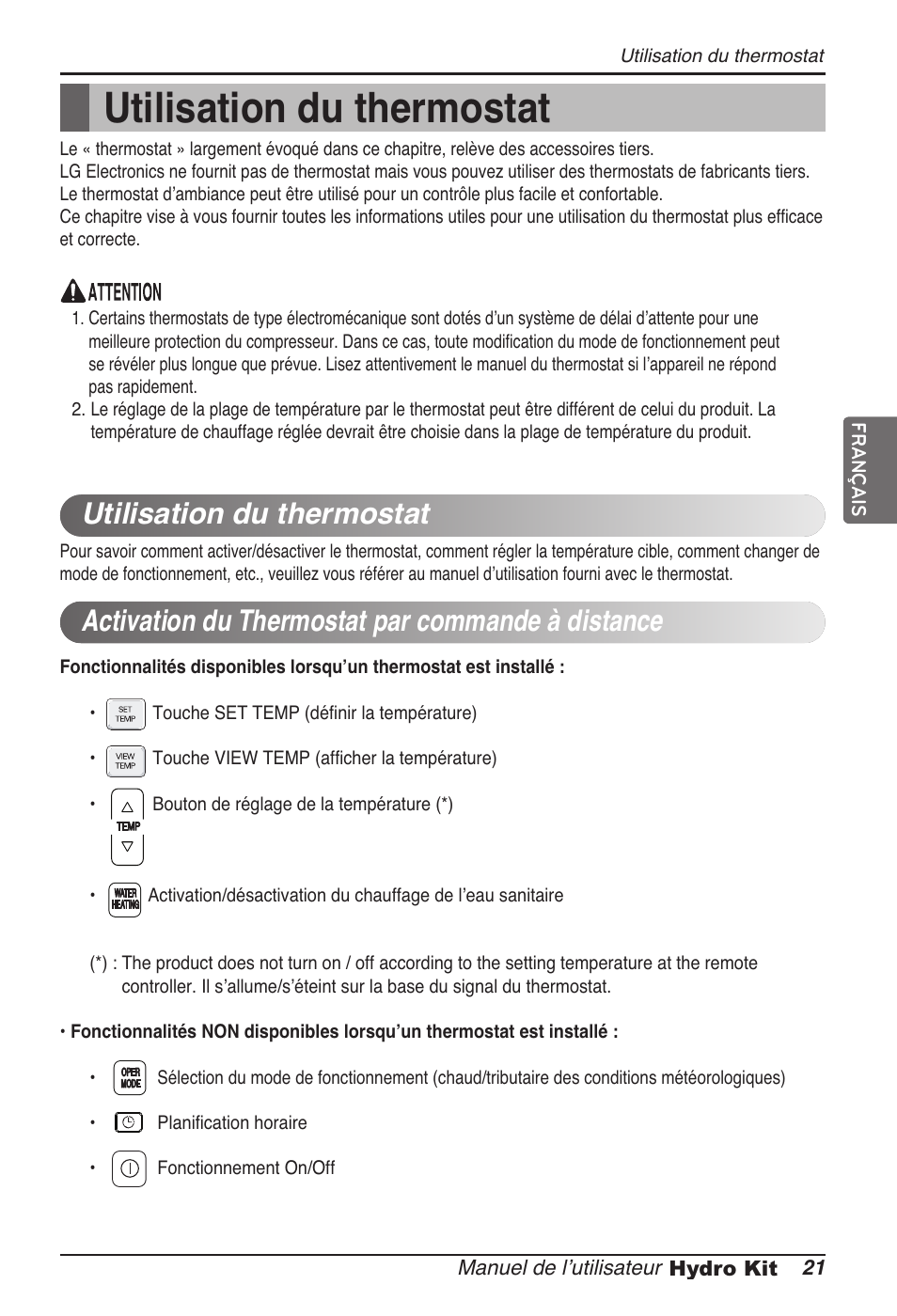 Utilisation du thermostat | LG ARNH08GK3A2 User Manual | Page 99 / 495