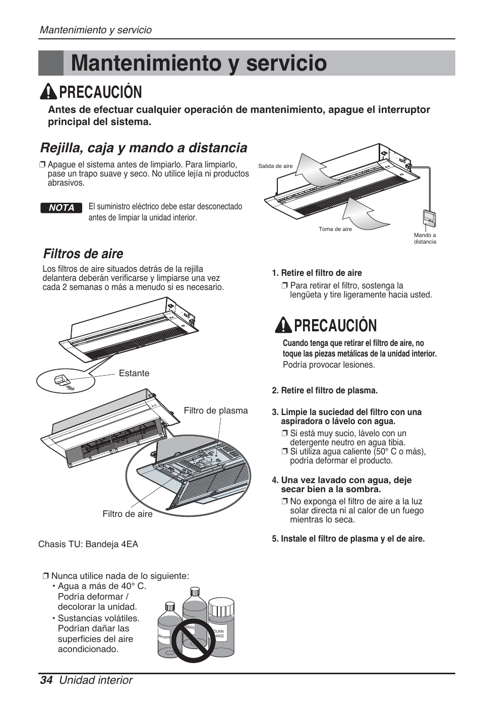 Mantenimiento y servicio, Precaución, Filtros de aire | Rejilla, caja y mando a distancia, 34 unidad interior | LG MT09AH User Manual | Page 106 / 289