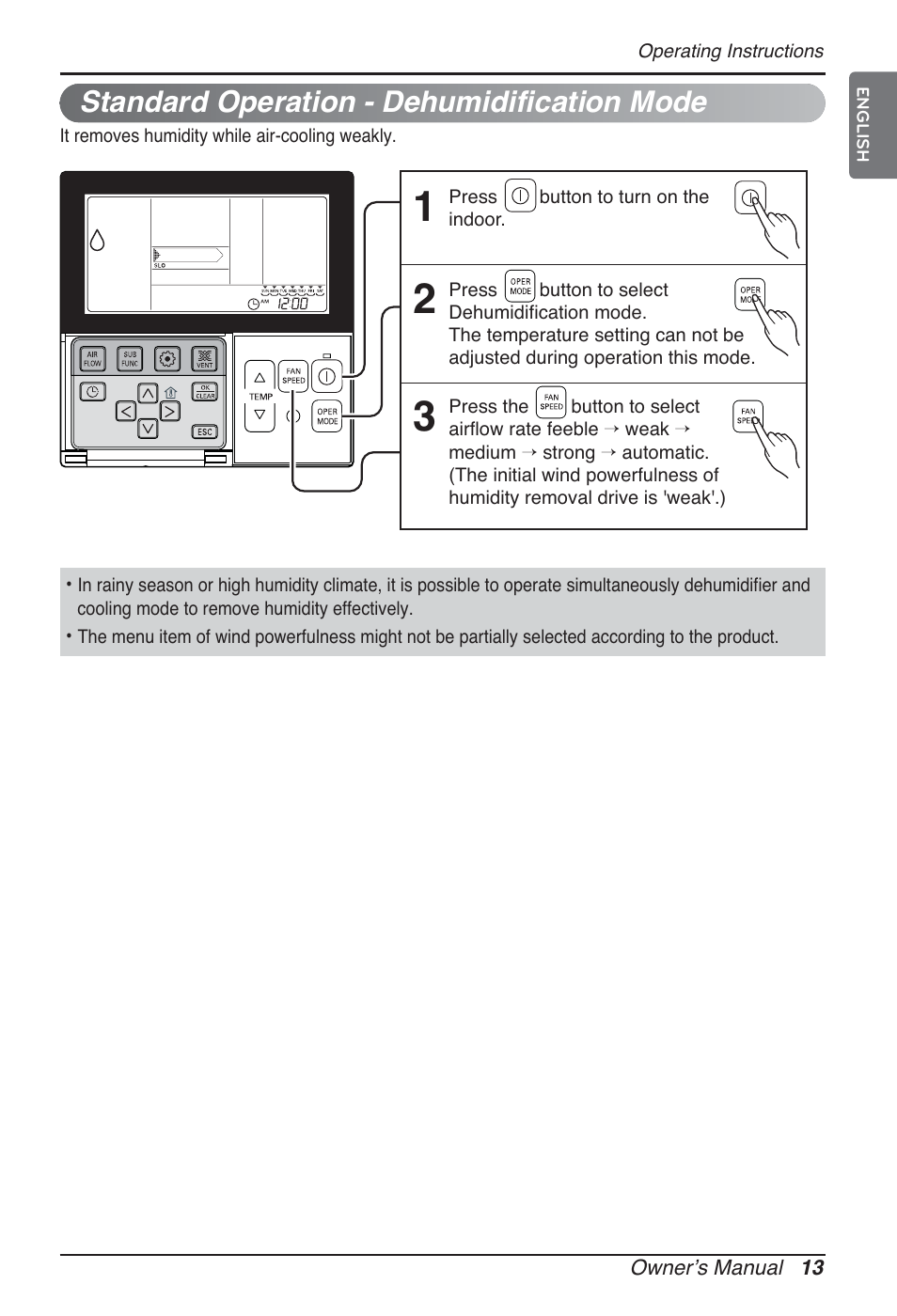 Standard operation - dehumidification mode | LG MT09AH User Manual | Page 13 / 289