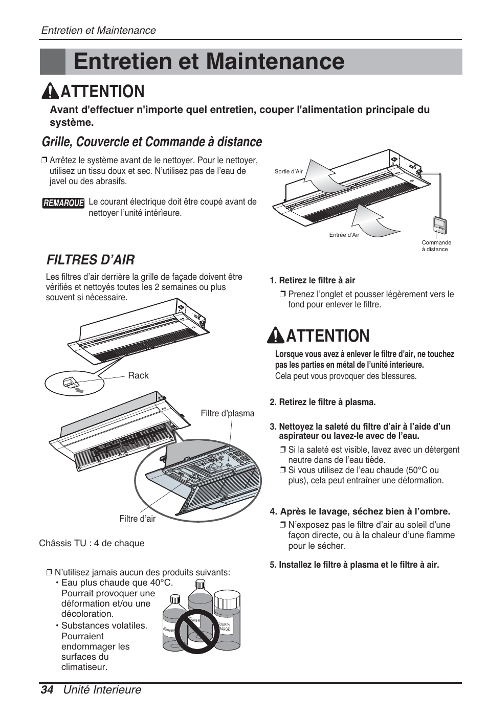 Entretien et maintenance, Attention, Filtres dʼair | Grille, couvercle et commande à distance, 34 unité interieure | LG MT09AH User Manual | Page 142 / 289