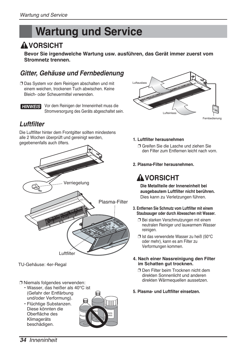 Wartung und service, Vorsicht, Luftfilter | Gitter, gehäuse und fernbedienung, 34 inneninheit | LG MT09AH User Manual | Page 178 / 289