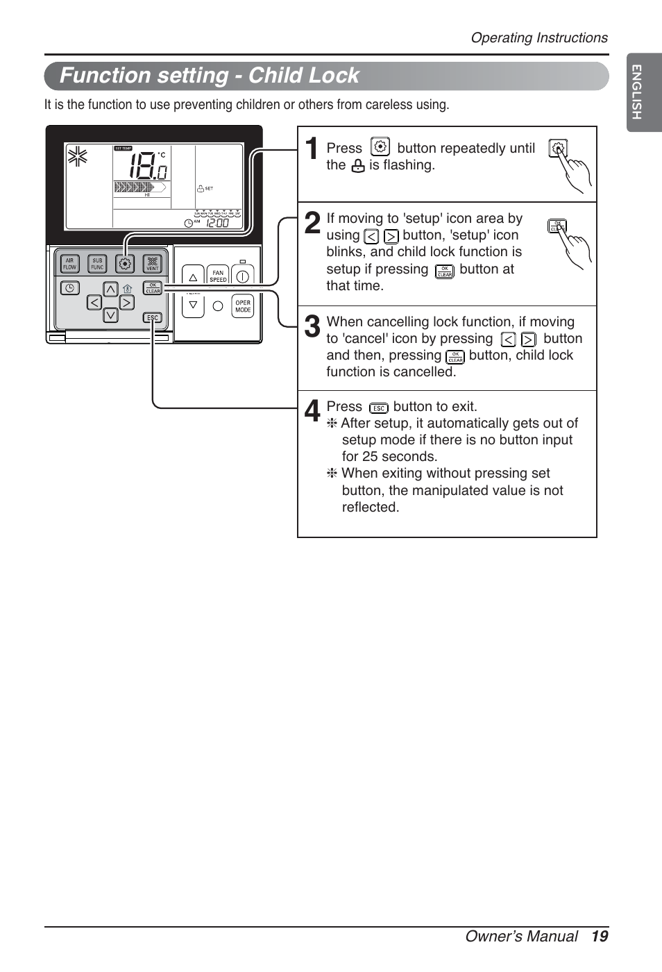 Function setting - child lock | LG MT09AH User Manual | Page 19 / 289