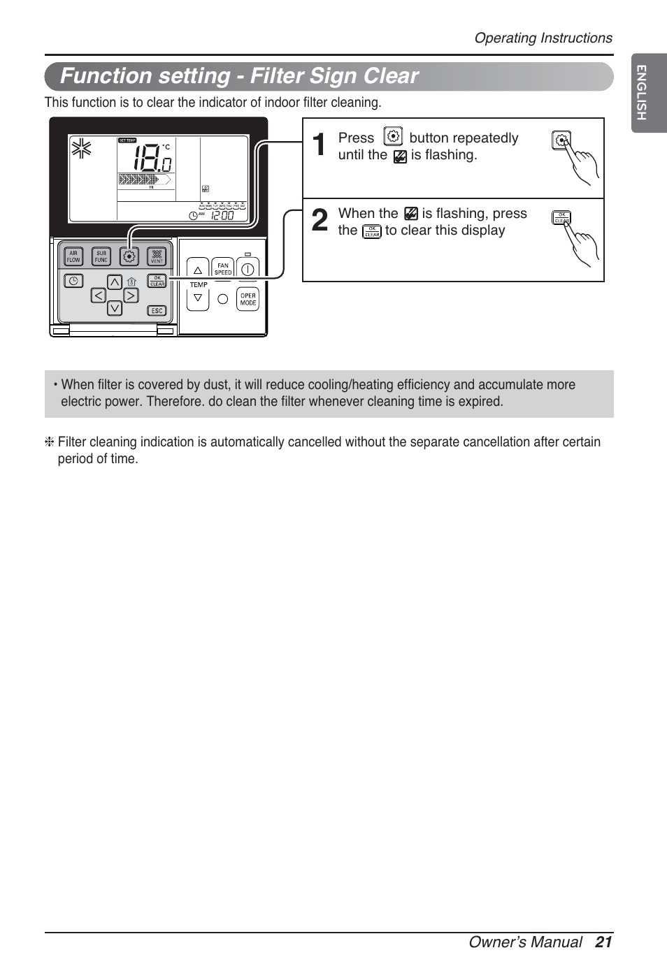 Function setting - filter sign clear | LG MT09AH User Manual | Page 21 / 289