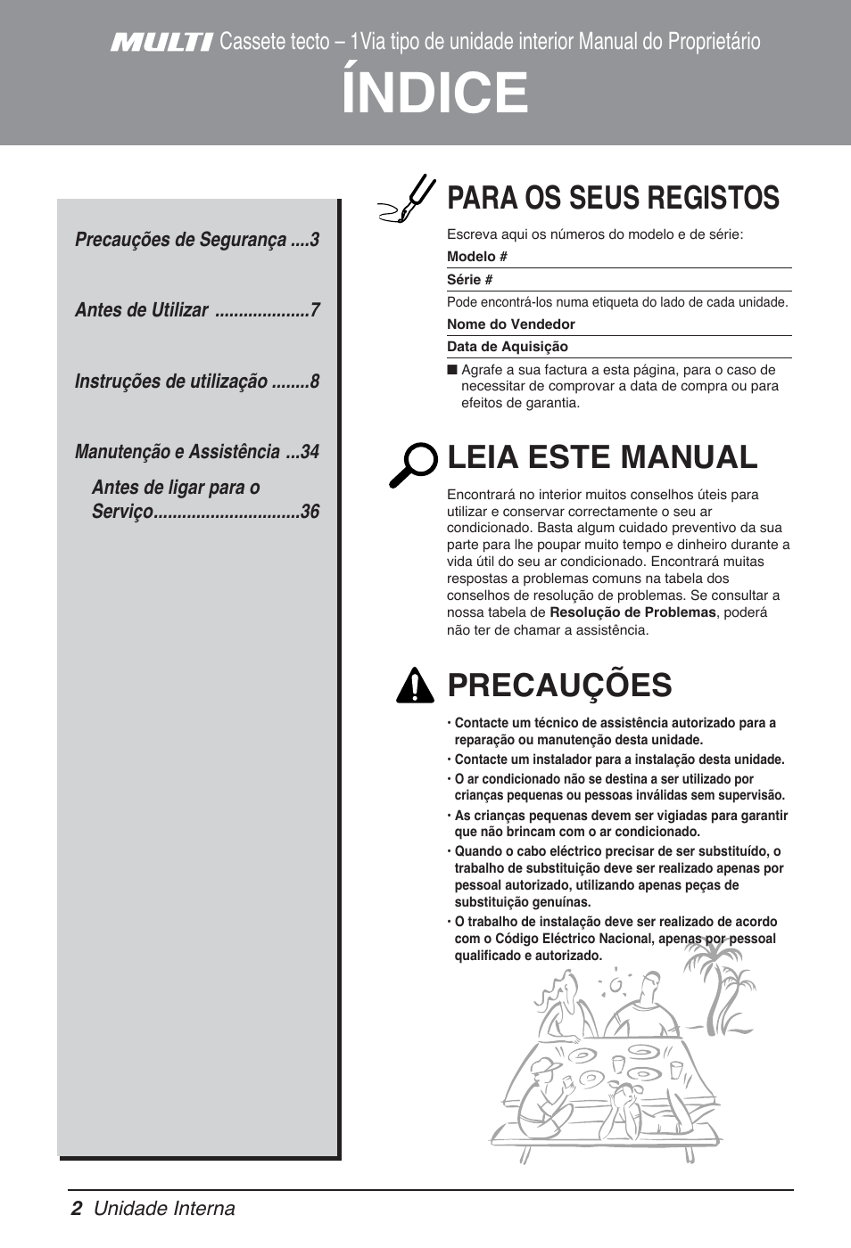 Índice, Para os seus registos, Leia este manual | Precauções | LG MT09AH User Manual | Page 218 / 289