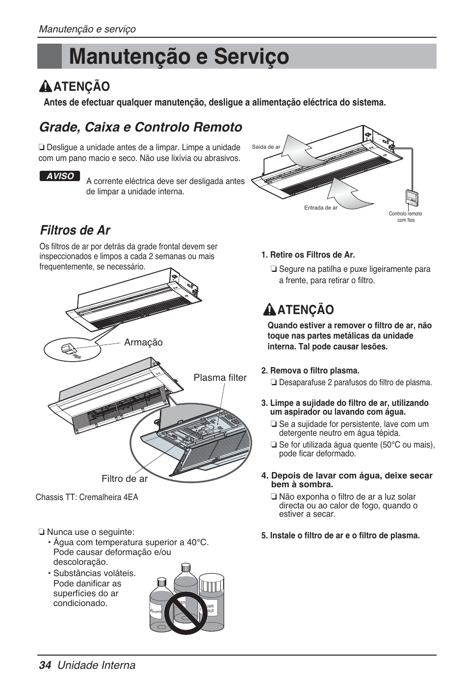 Manutenção e serviço, Grade, caixa e controlo remoto, Filtros de ar | Atenção, 34 unidade interna | LG MT09AH User Manual | Page 250 / 289