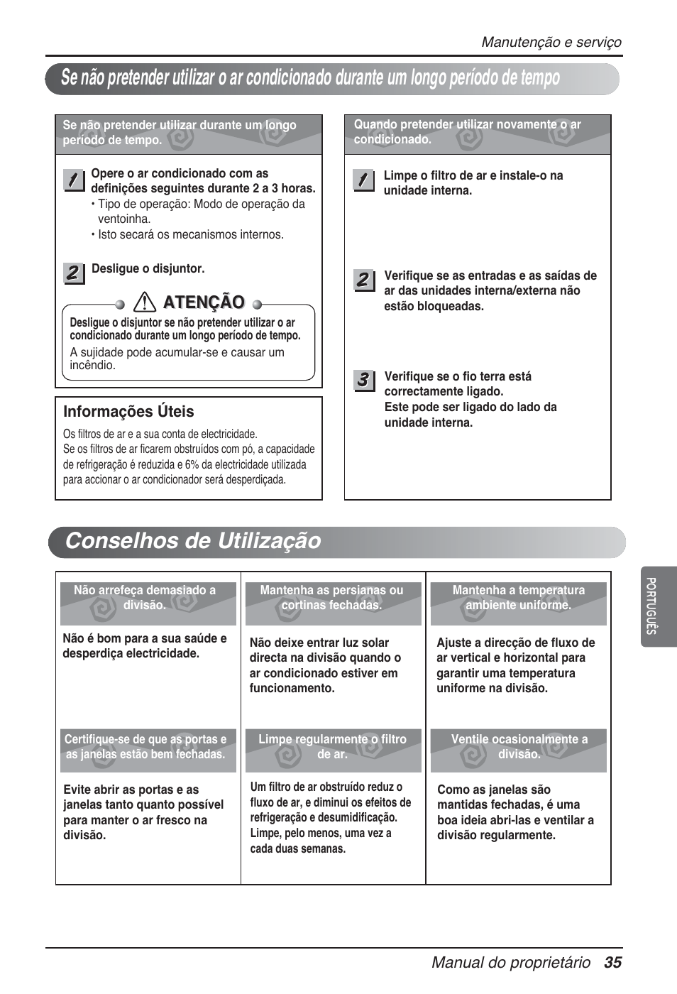 Atenção, Manual do proprietário 35, Informações úteis | LG MT09AH User Manual | Page 251 / 289