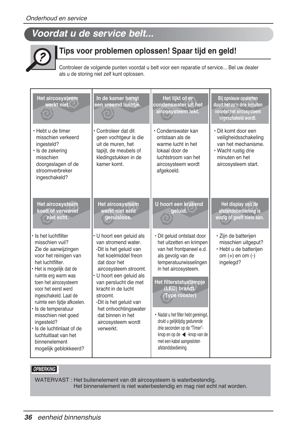 Voordat u de service belt, Tips voor problemen oplossen! spaar tijd en geld, 36 eenheid binnenshuis | LG MT09AH User Manual | Page 288 / 289