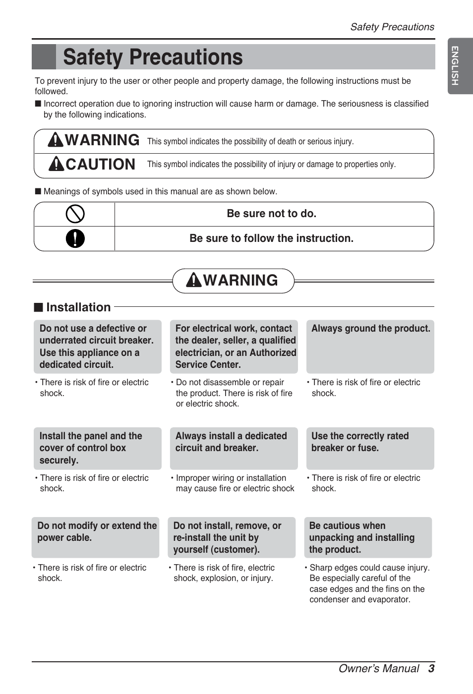 Safety precautions, Warning caution, Warning | N installation | LG MT09AH User Manual | Page 3 / 289