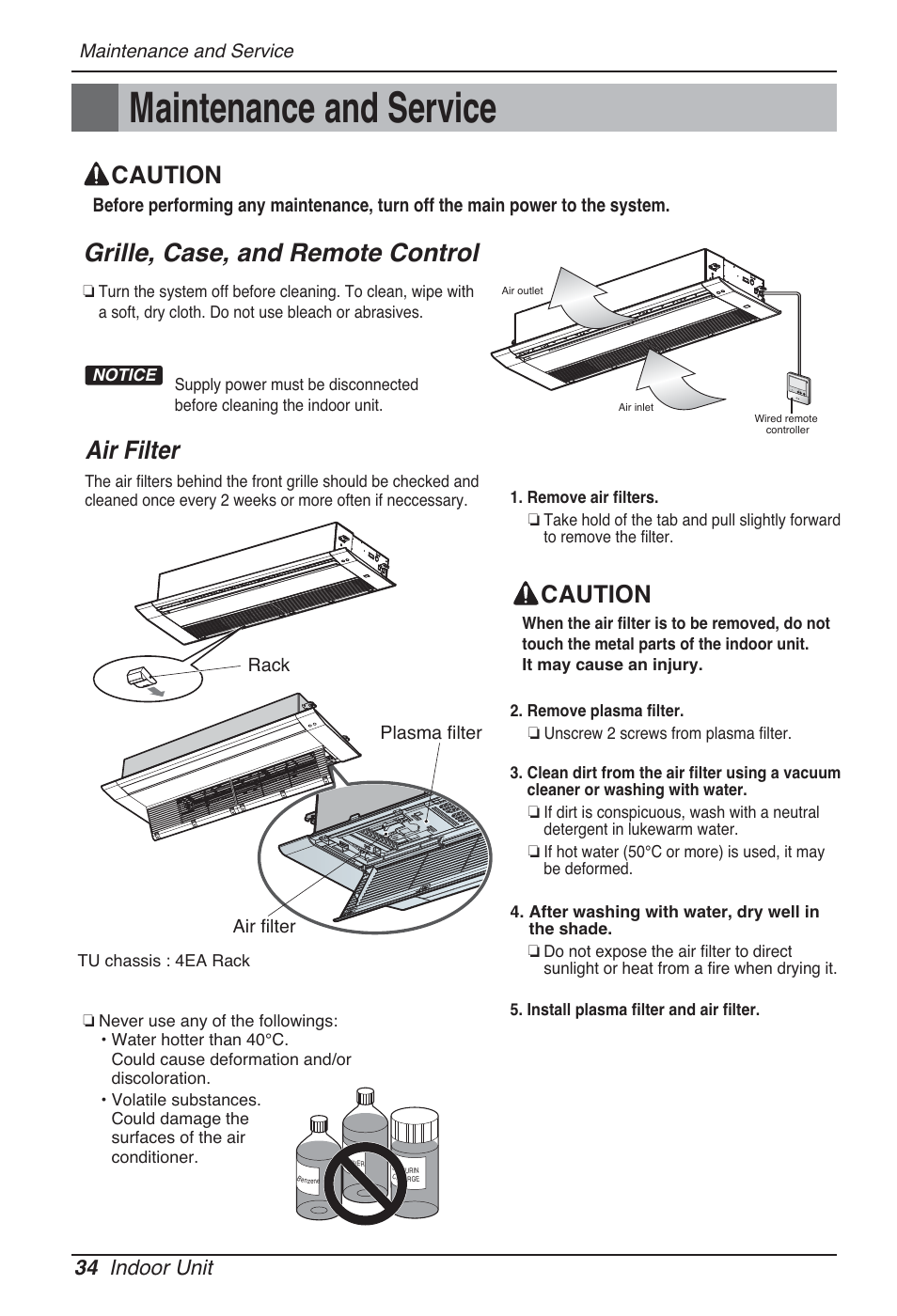 Maintenance and service, Grille, case, and remote control, Air filter | Caution, 34 indoor unit | LG MT09AH User Manual | Page 34 / 289