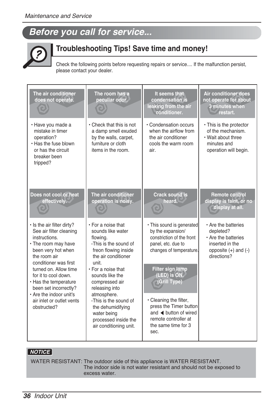 Before you call for service, Troubleshooting tips! save time and money, 36 indoor unit | LG MT09AH User Manual | Page 36 / 289