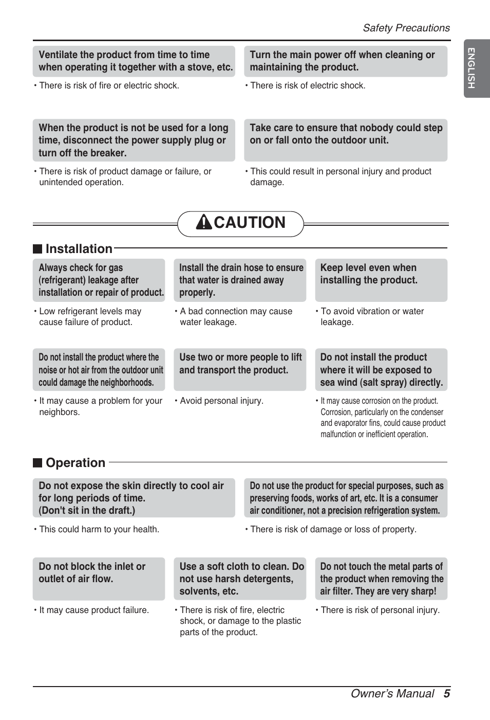 Caution, N installation, N operation | LG MT09AH User Manual | Page 5 / 289