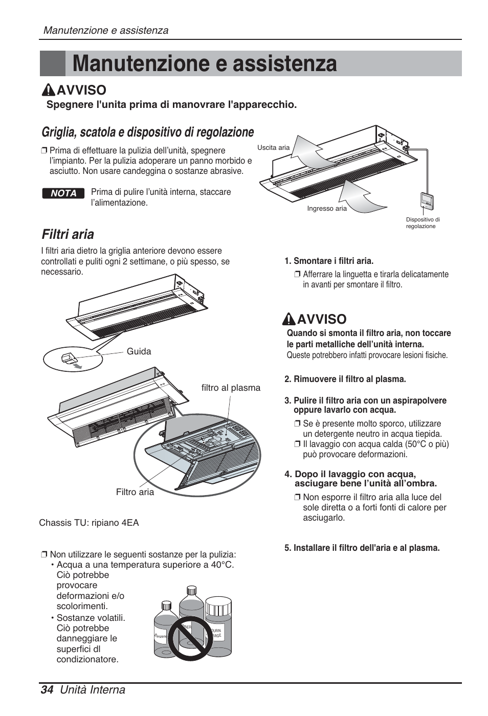 Manutenzione e assistenza, Filtri aria, Griglia, scatola e dispositivo di regolazione | Avviso, 34 unità interna | LG MT09AH User Manual | Page 70 / 289