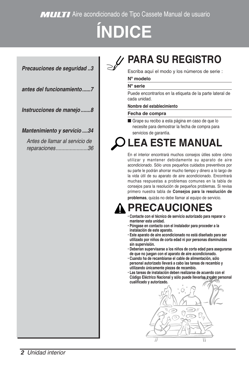 Índice, Para su registro, Lea este manual | Precauciones | LG MT09AH User Manual | Page 74 / 289