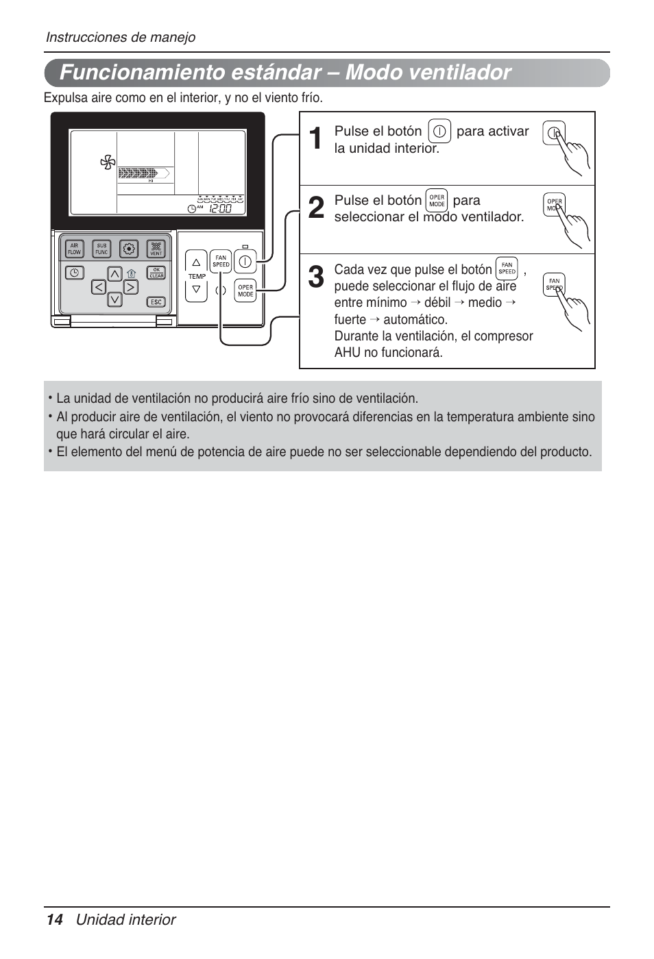 Funcionamiento estándar – modo ventilador | LG MT09AH User Manual | Page 86 / 289