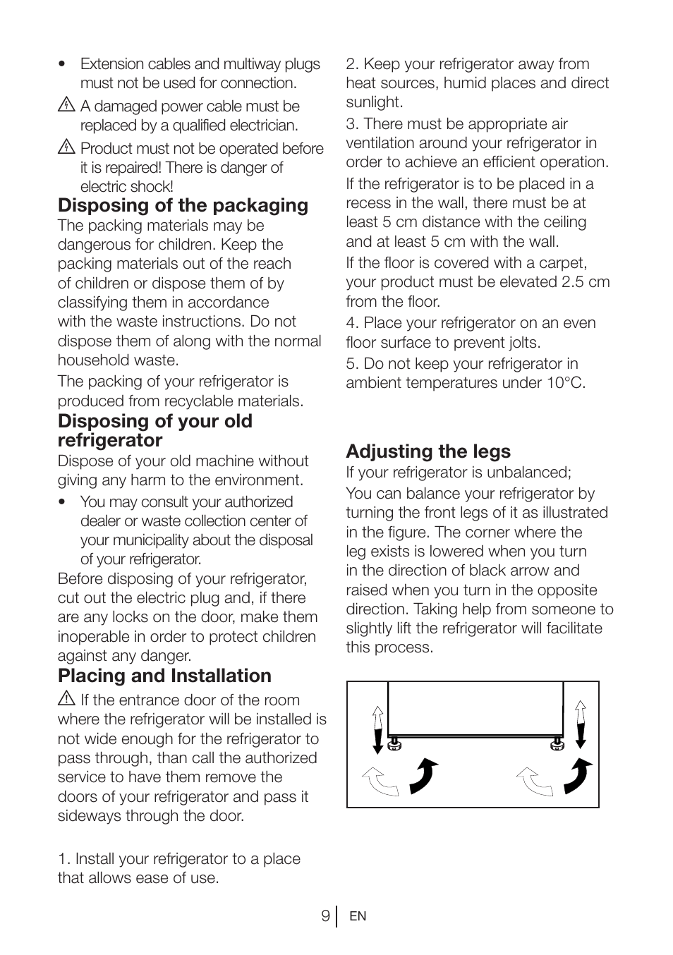 Disposing of the packaging, Disposing of your old refrigerator, Placing and installation a | Adjusting the legs | Beko FS 127930 User Manual | Page 10 / 82