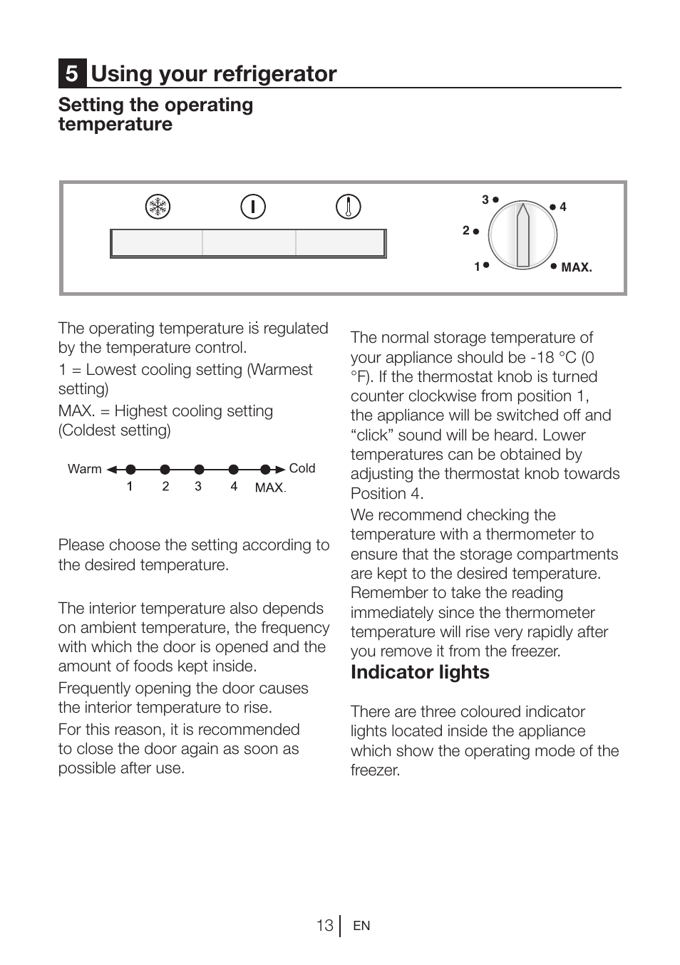 5using your refrigerator, Setting the operating temperature, Indicator lights | Beko FS 127930 User Manual | Page 14 / 82