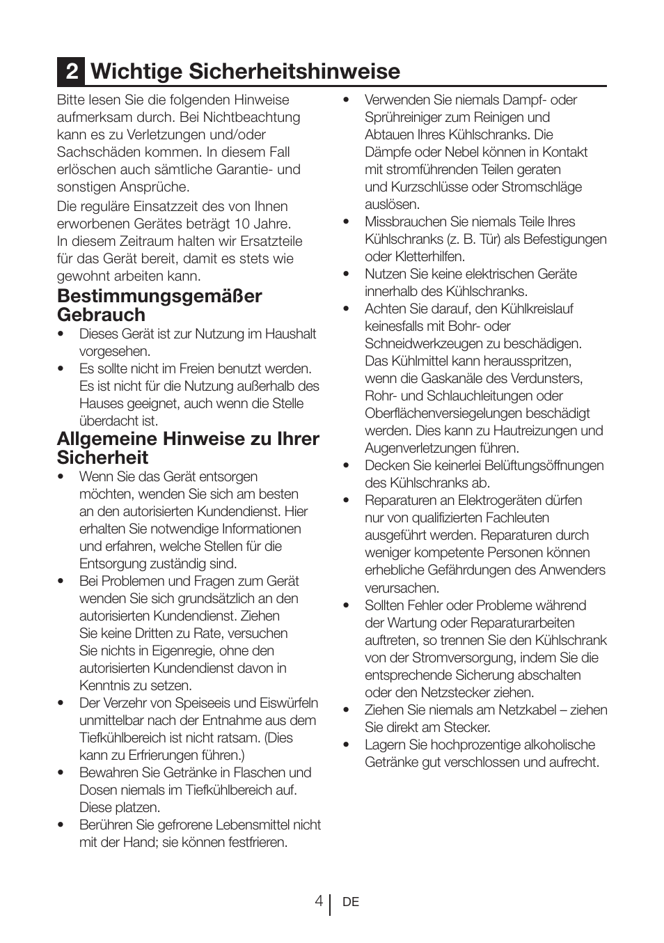 2wichtige sicherheitshinweise, Bestimmungsgemäßer gebrauch, Allgemeine hinweise zu ihrer sicherheit | Beko FS 127930 User Manual | Page 25 / 82