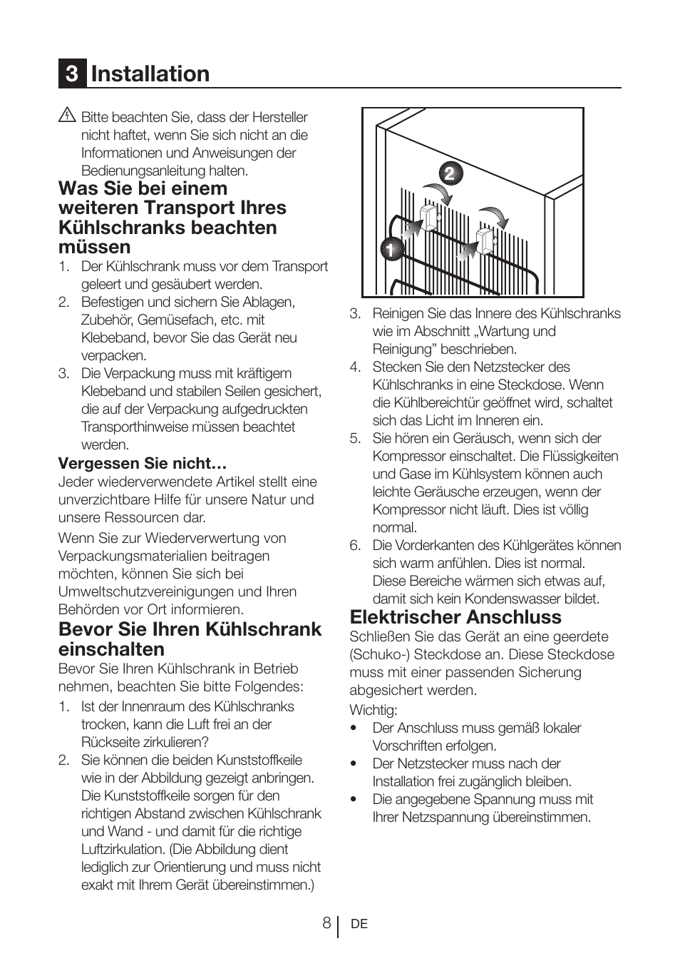 3installation, Bevor sie ihren kühlschrank einschalten, Elektrischer anschluss | Beko FS 127930 User Manual | Page 29 / 82