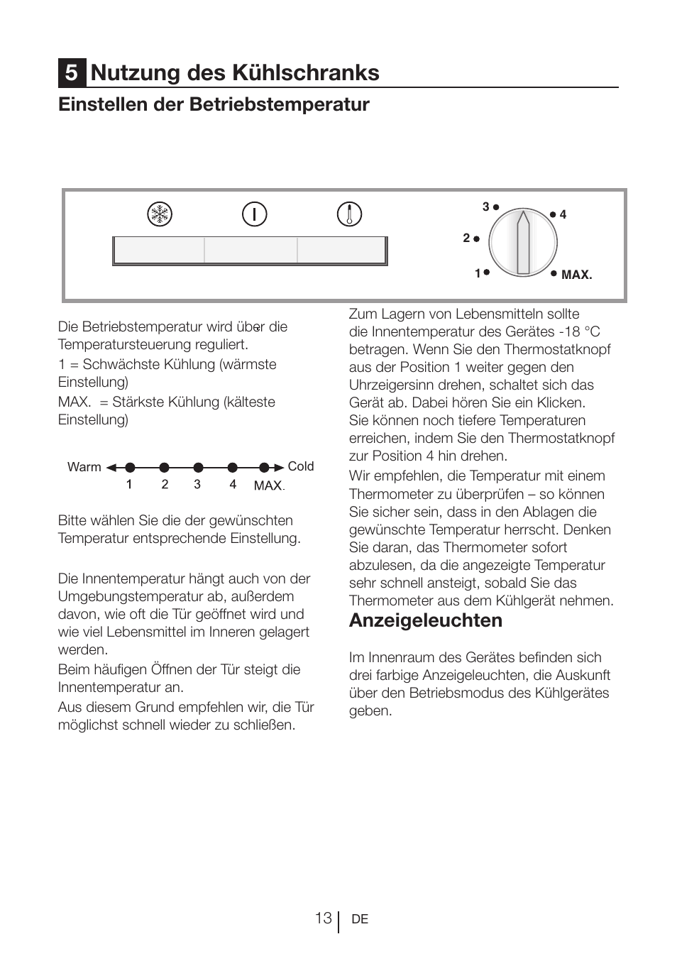 5nutzung des kühlschranks, Einstellen der betriebstemperatur, Anzeigeleuchten | Beko FS 127930 User Manual | Page 34 / 82