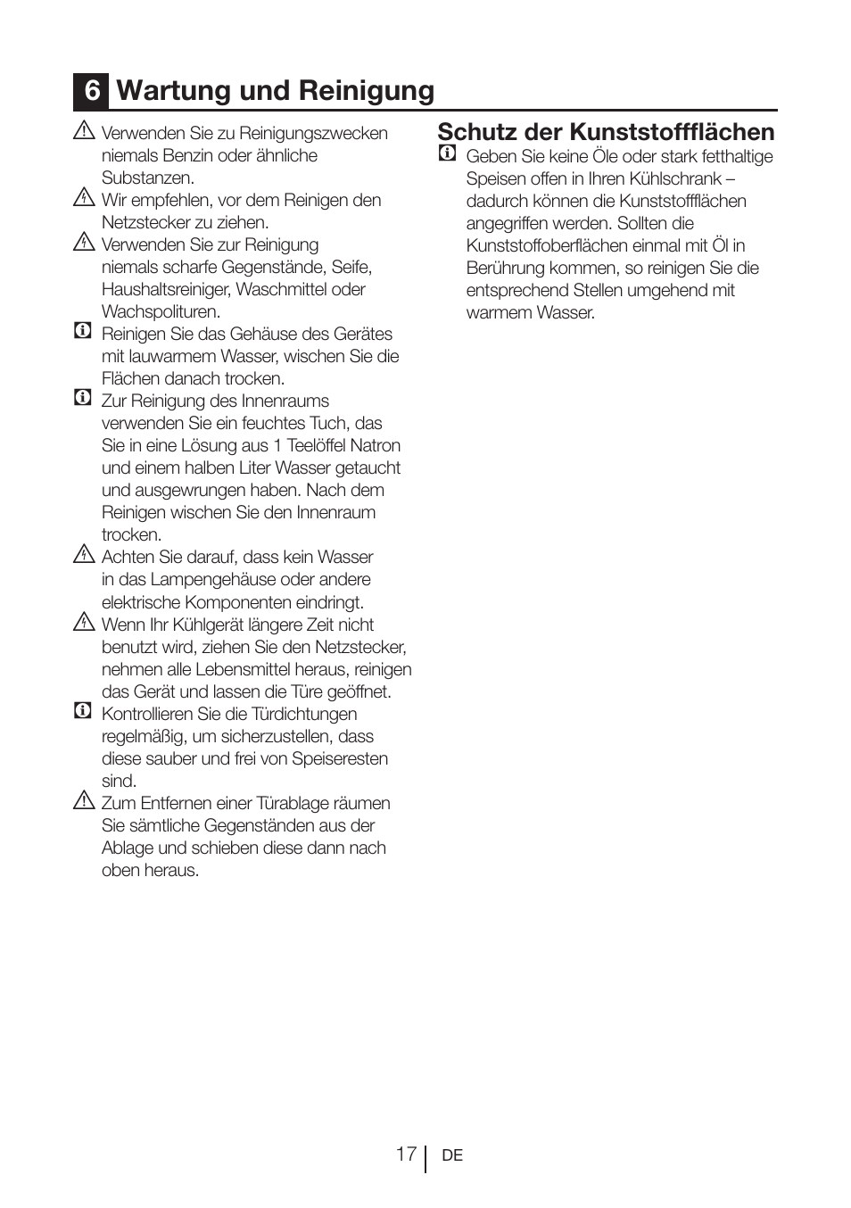 6wartung und reinigung, Schutz der kunststoffflächen c | Beko FS 127930 User Manual | Page 38 / 82