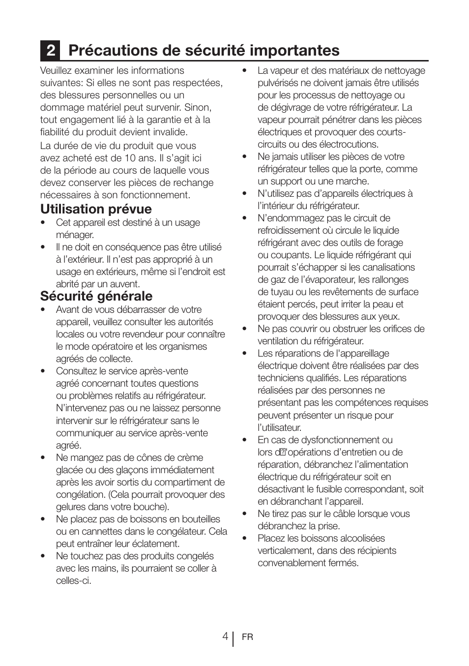 2précautions de sécurité importantes, Utilisation prévue, Sécurité générale | Beko FS 127930 User Manual | Page 45 / 82