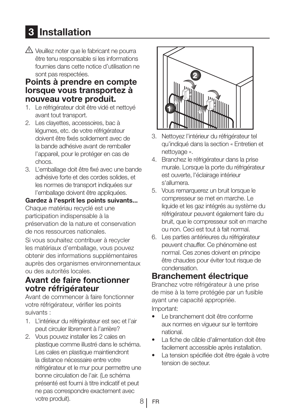 3installation, Avant de faire fonctionner votre réfrigérateur, Branchement électrique | Beko FS 127930 User Manual | Page 49 / 82