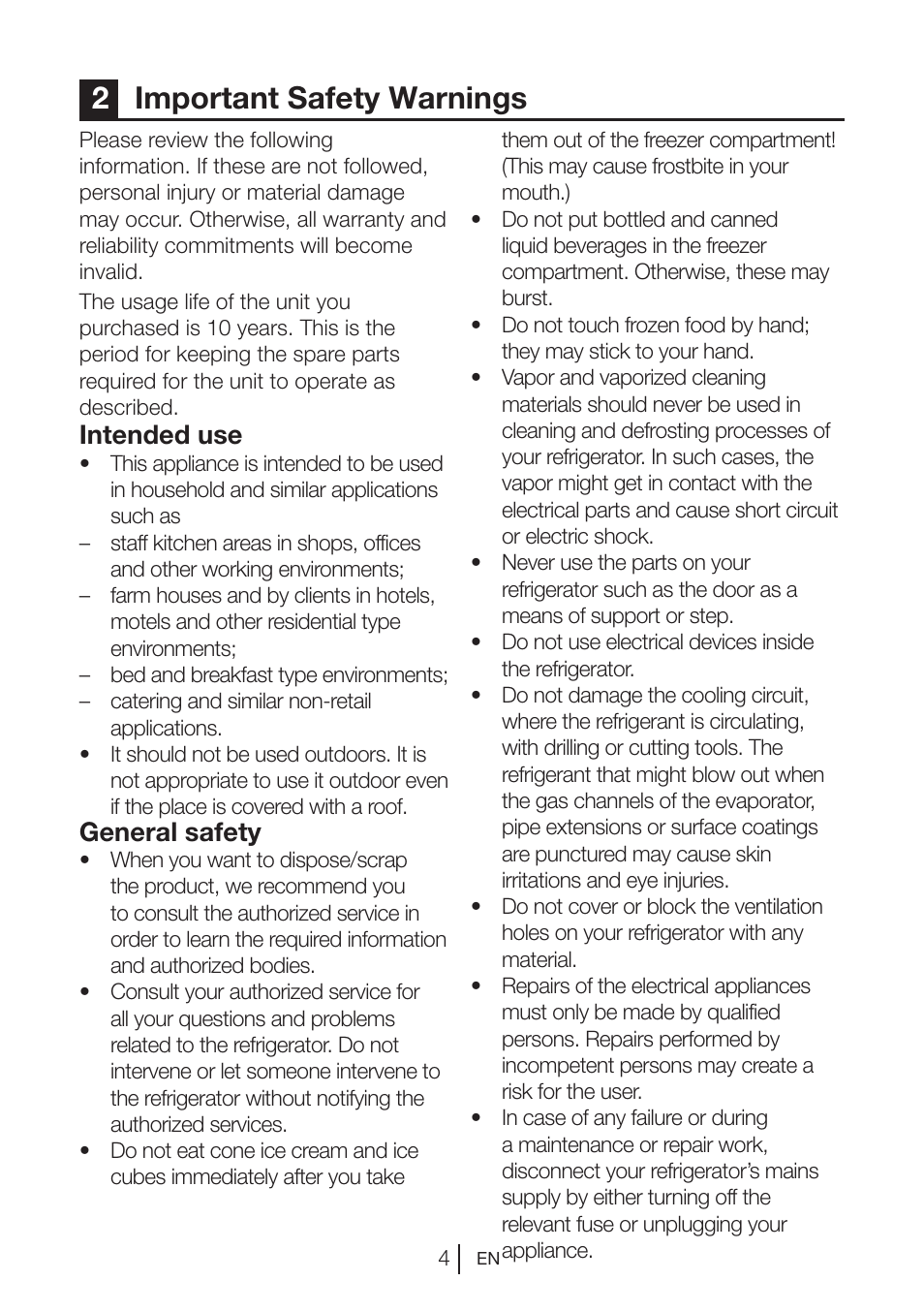 2important safety warnings, Intended use, General safety | Beko FS 127930 User Manual | Page 5 / 82