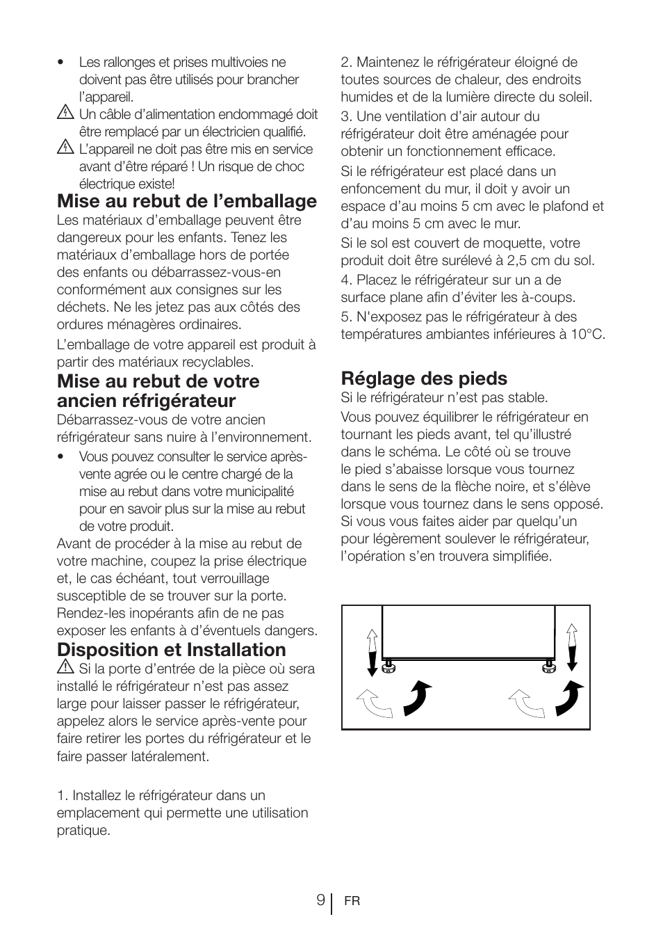 Mise au rebut de l’emballage, Mise au rebut de votre ancien réfrigérateur, Disposition et installation a | Réglage des pieds | Beko FS 127930 User Manual | Page 50 / 82