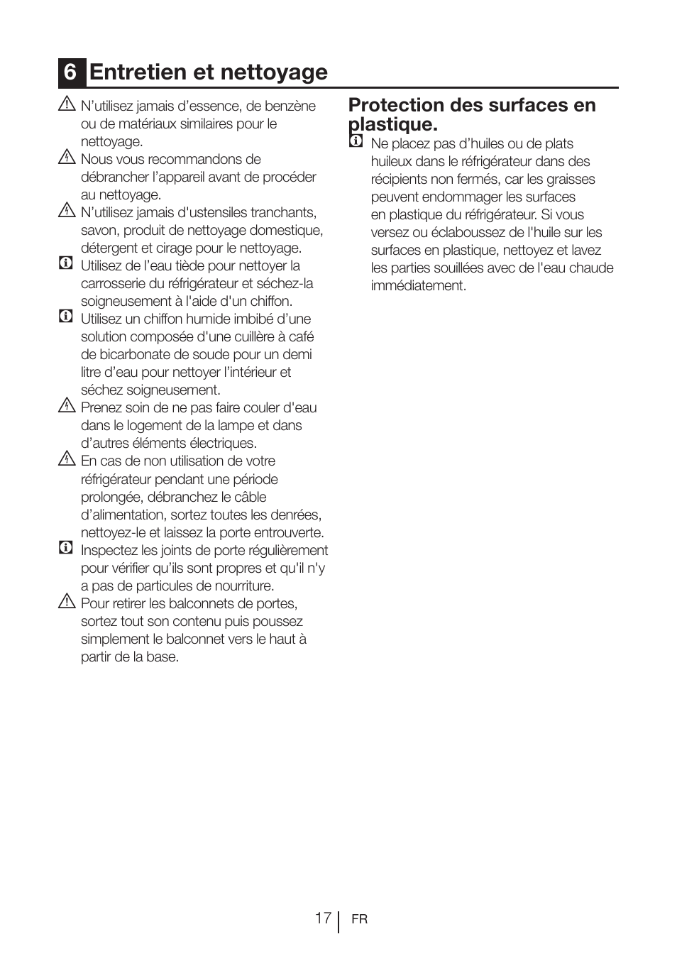 6entretien et nettoyage, Protection des surfaces en plastique. c | Beko FS 127930 User Manual | Page 58 / 82