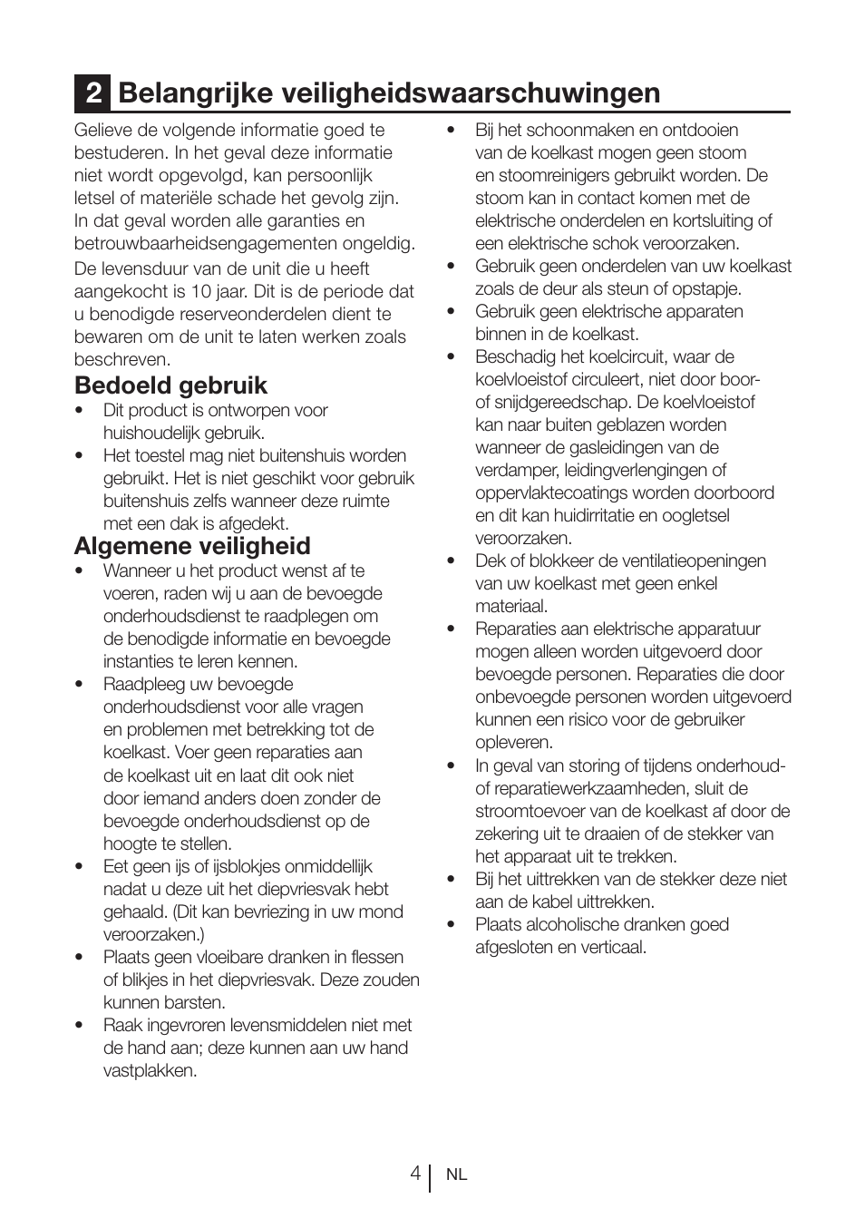 2belangrijke veiligheidswaarschuwingen, Bedoeld gebruik, Algemene veiligheid | Beko FS 127930 User Manual | Page 65 / 82