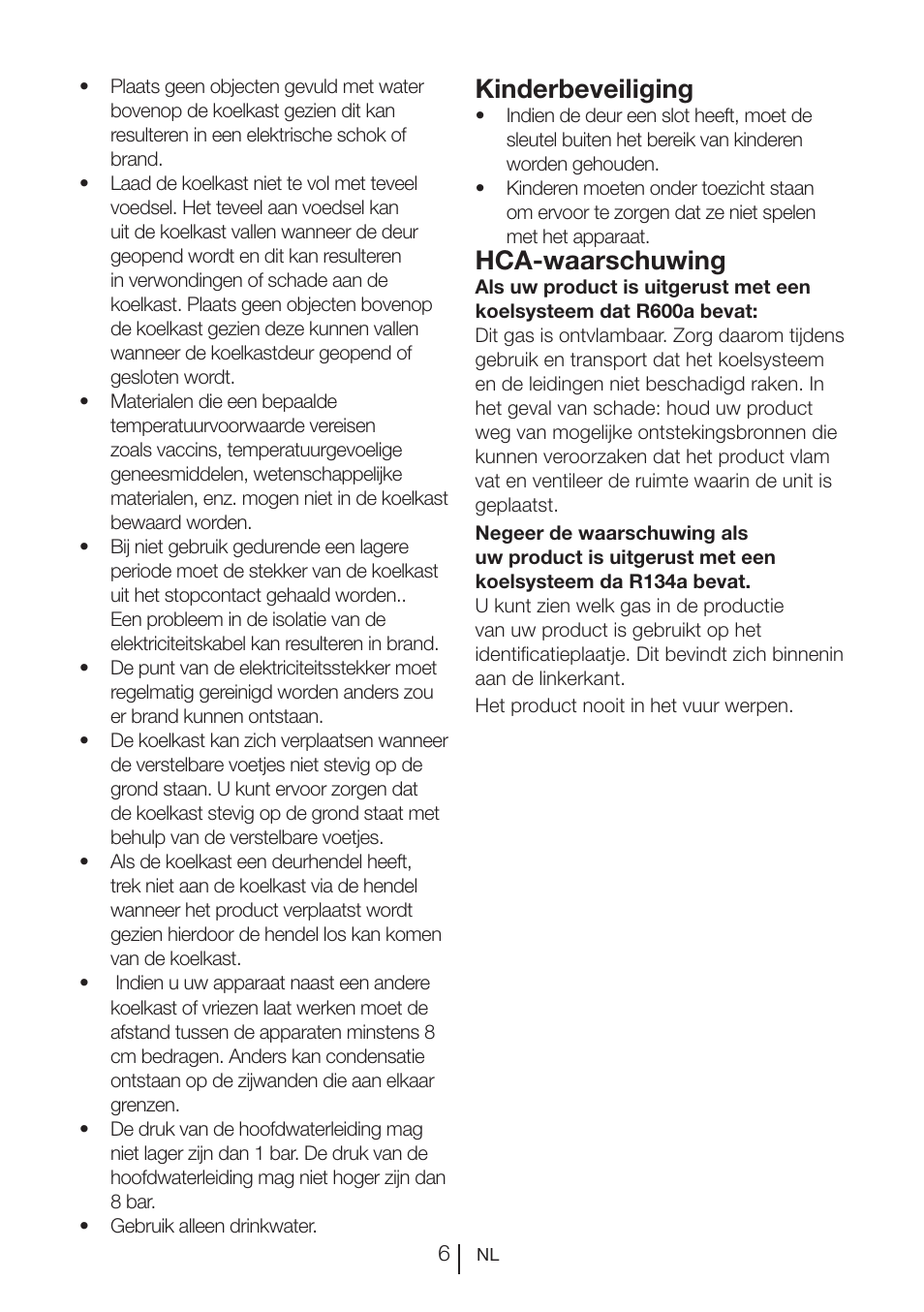 Kinderbeveiliging, Hca-waarschuwing | Beko FS 127930 User Manual | Page 67 / 82
