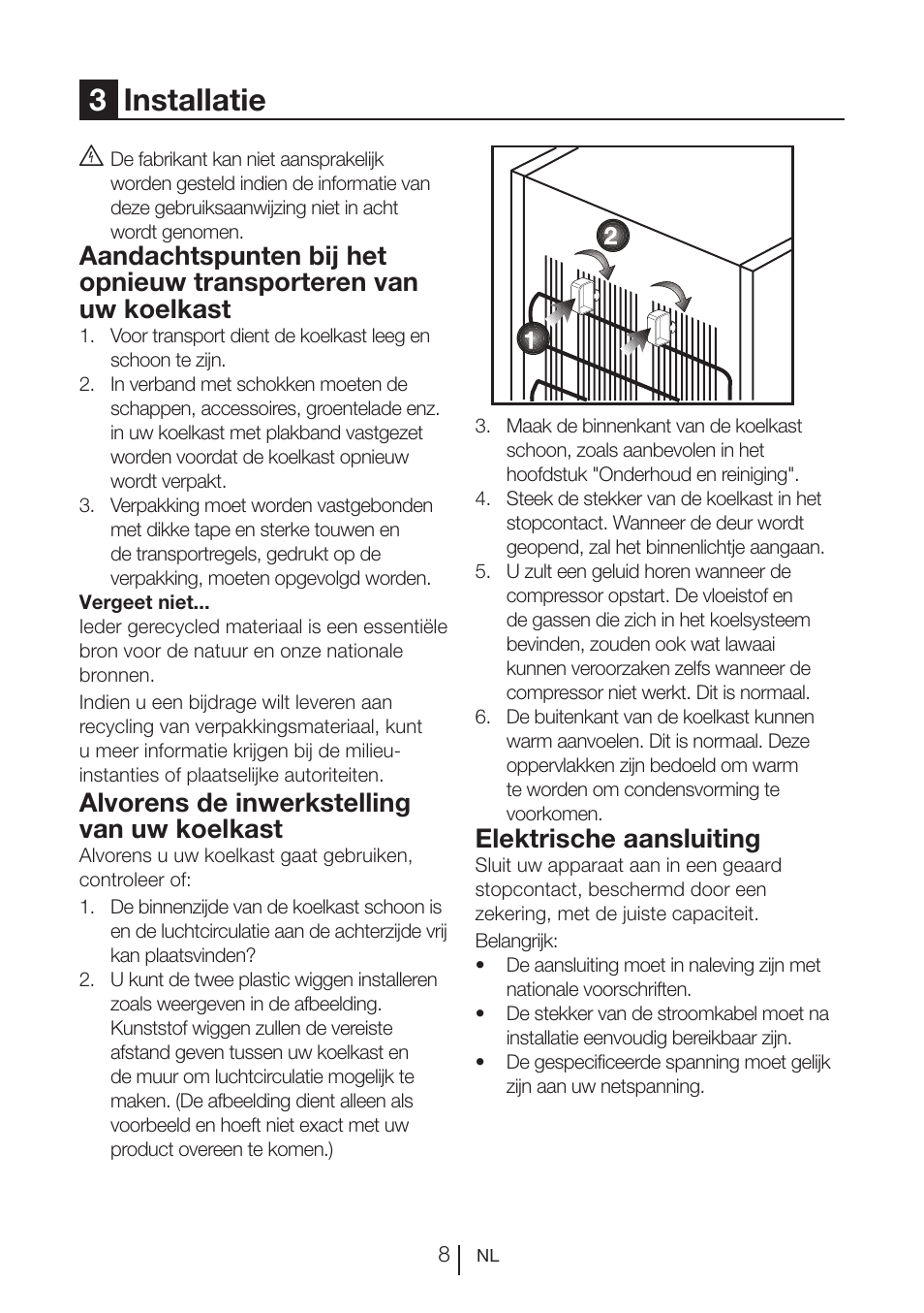 3installatie, Alvorens de inwerkstelling van uw koelkast, Elektrische aansluiting | Beko FS 127930 User Manual | Page 69 / 82