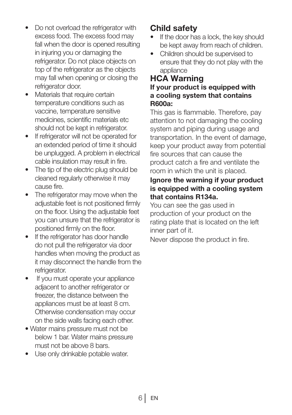 Child safety, Hca warning | Beko FS 127930 User Manual | Page 7 / 82