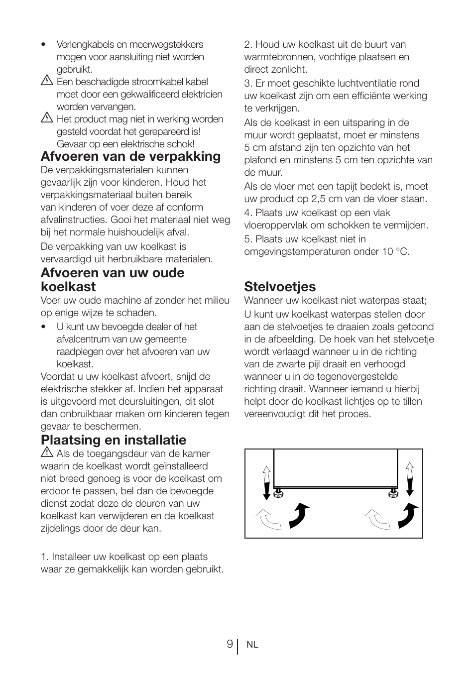 Afvoeren van de verpakking, Afvoeren van uw oude koelkast, Plaatsing en installatie a | Stelvoetjes | Beko FS 127930 User Manual | Page 70 / 82