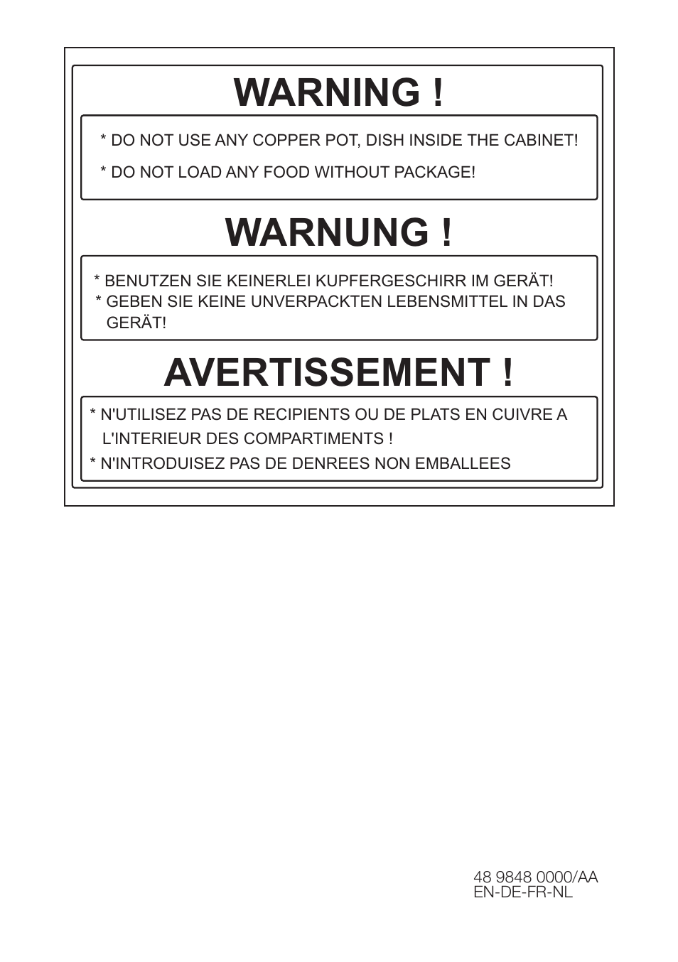 Warning, Warnung, Avertissement | Beko FS 127930 User Manual | Page 82 / 82