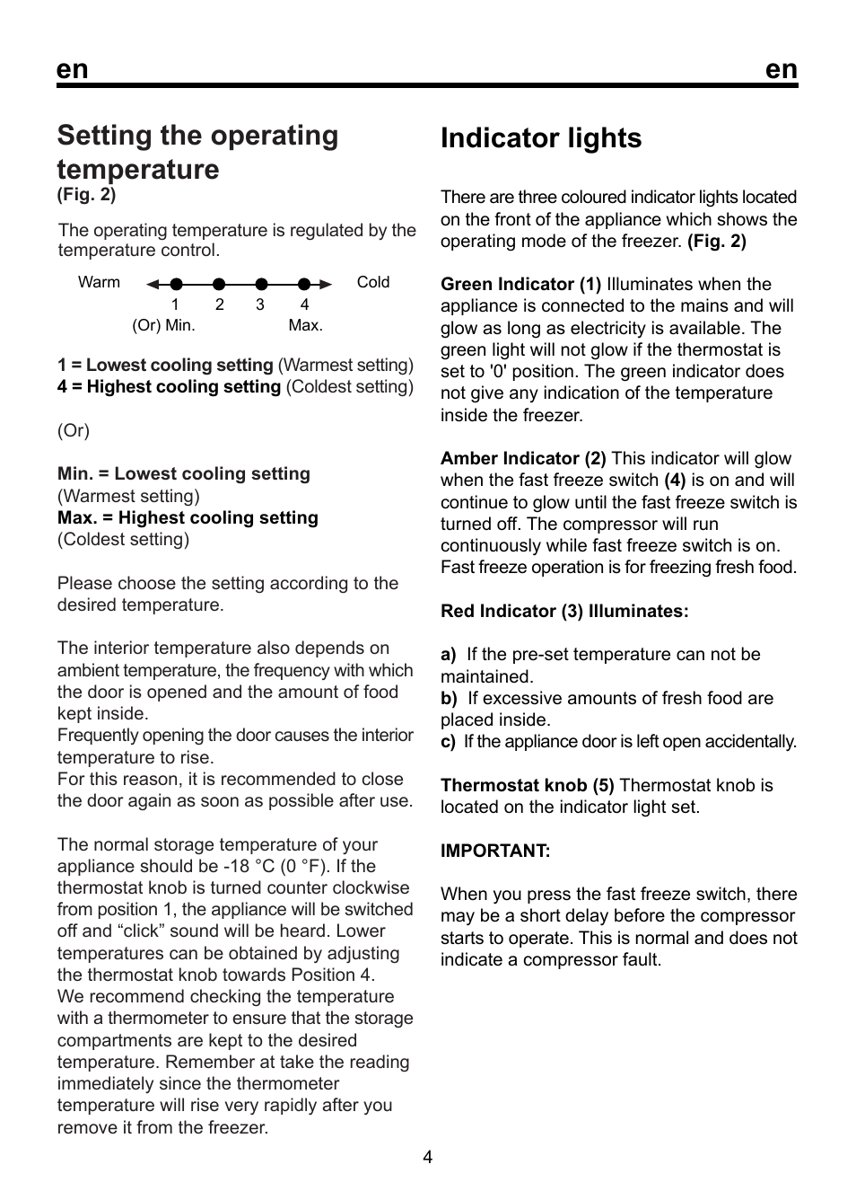 Setting the operating temperature, Indicator lights | Beko FSE 1072 User Manual | Page 11 / 64