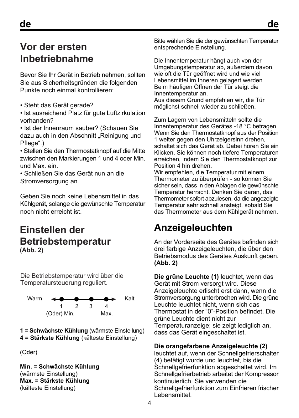 Vor der ersten inbetriebnahme, Einstellen der betriebstemperatur, Anzeigeleuchten | Beko FSE 1072 User Manual | Page 20 / 64