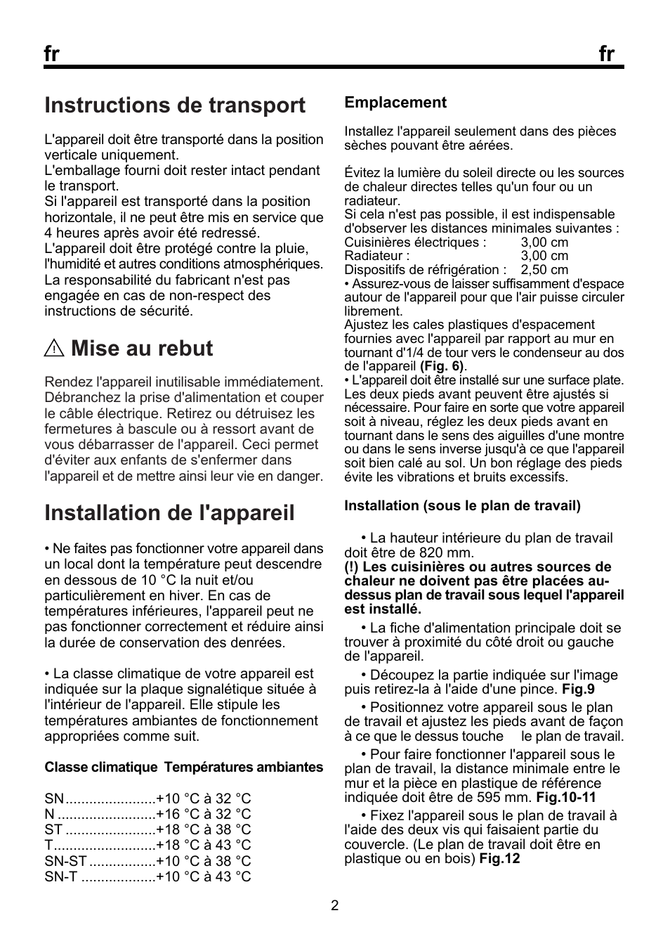 Fr instructions de transport, Mise au rebut, Installation de l'appareil | Beko FSE 1072 User Manual | Page 27 / 64