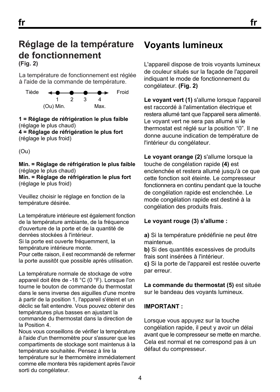 Réglage de la température de fonctionnement, Voyants lumineux | Beko FSE 1072 User Manual | Page 29 / 64