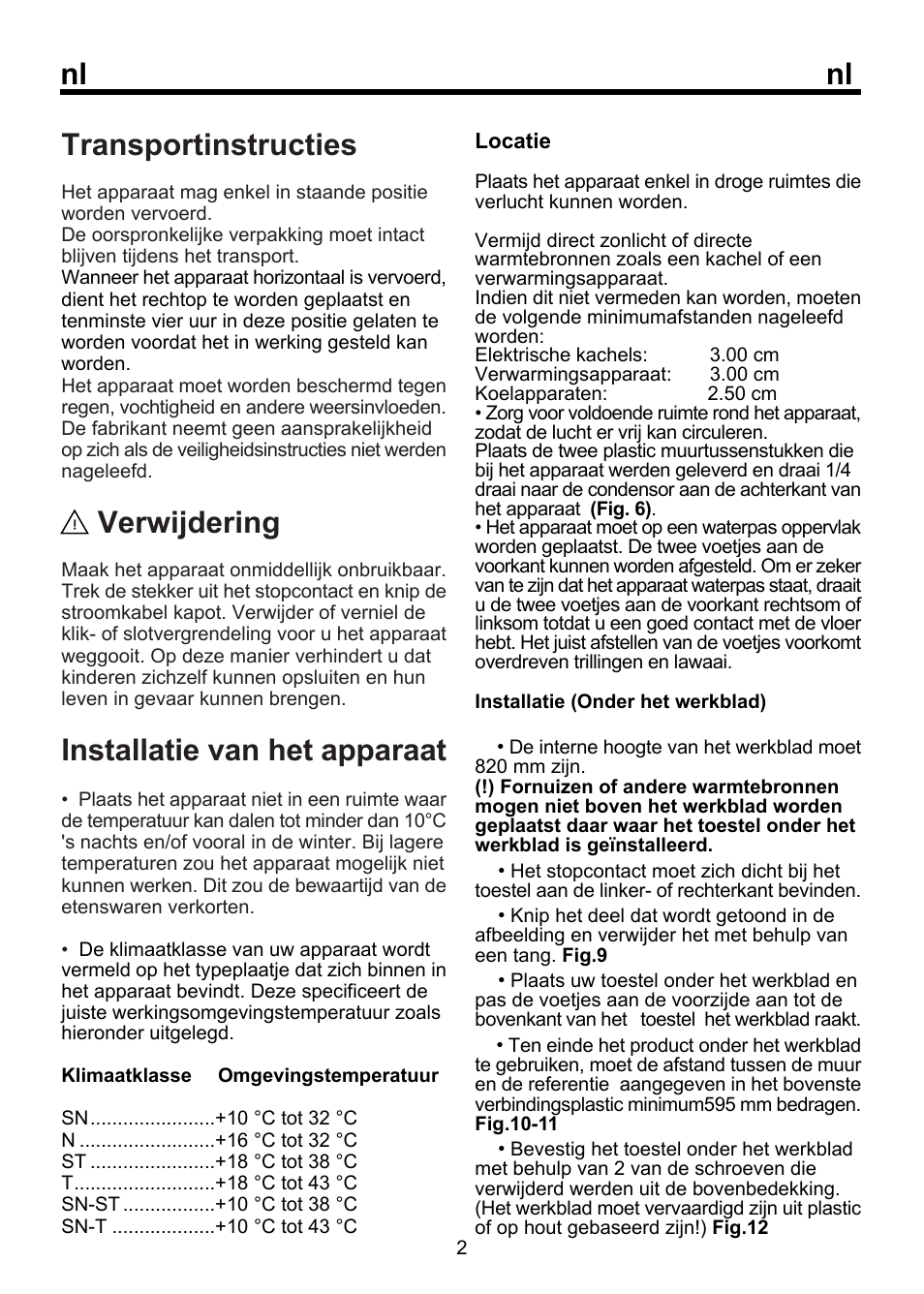 Nl transportinstructies, Verwijdering, Installatie van het apparaat | Beko FSE 1072 User Manual | Page 54 / 64