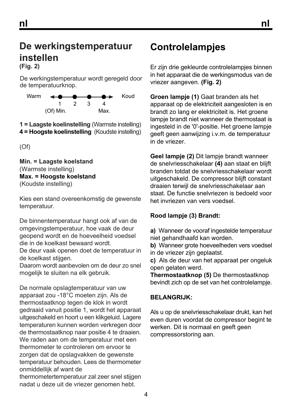 De werkingstemperatuur instellen, Controlelampjes | Beko FSE 1072 User Manual | Page 56 / 64