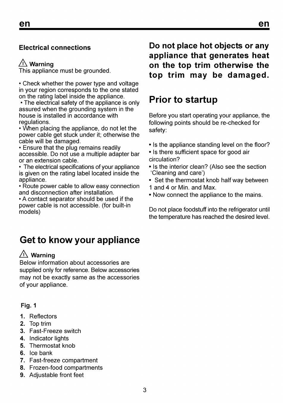 Electrical connections /k warning, Prior to startup, Get to know your appliance | Get to know your appliance.................. /3 | Beko FSE 1073 User Manual | Page 10 / 64