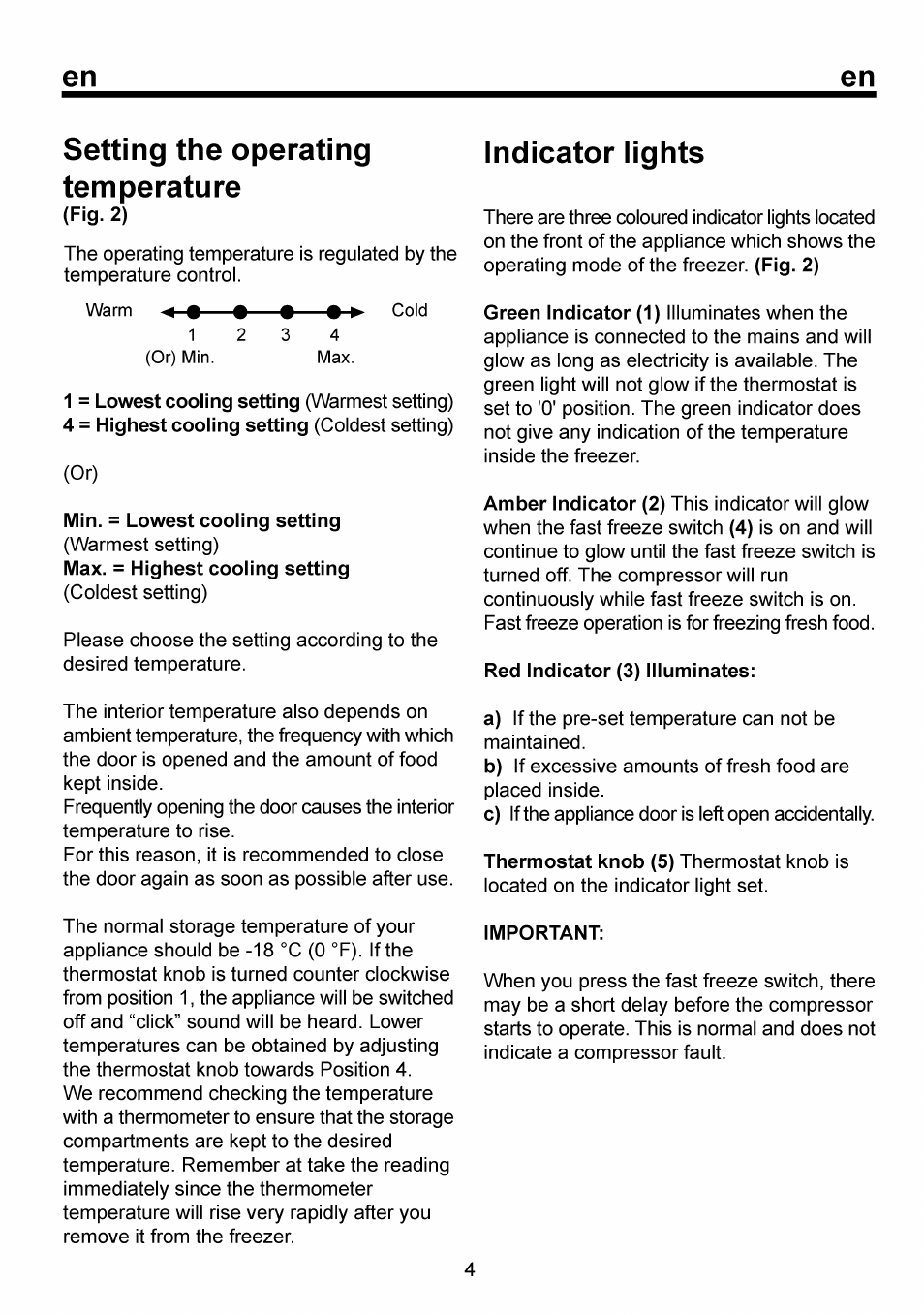 Setting the operating temperature, Indicator lights, Setting the operating temperature......../4 | En setting the operating temperature | Beko FSE 1073 User Manual | Page 11 / 64