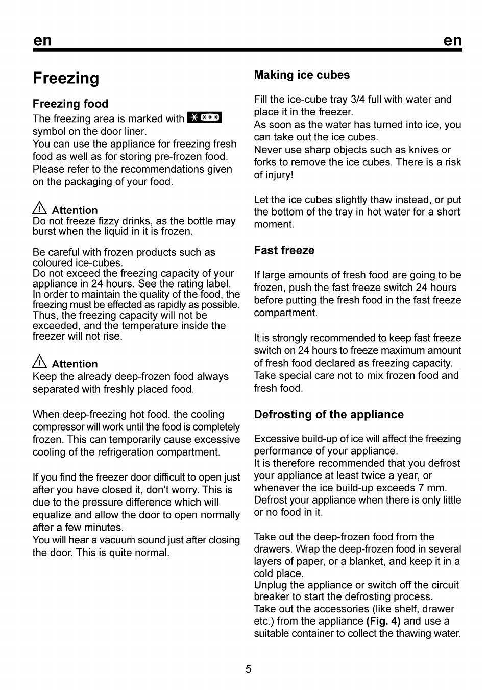Freezing, Freezing food, Making ice cubes | Fast freeze, Defrosting of the appliance, En freezing | Beko FSE 1073 User Manual | Page 12 / 64