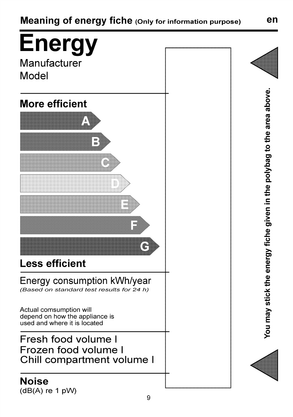 Energy, Manufacturer, Model | More efficient, Less efficient, Energy consumption kwh/year, Noise | Beko FSE 1073 User Manual | Page 16 / 64